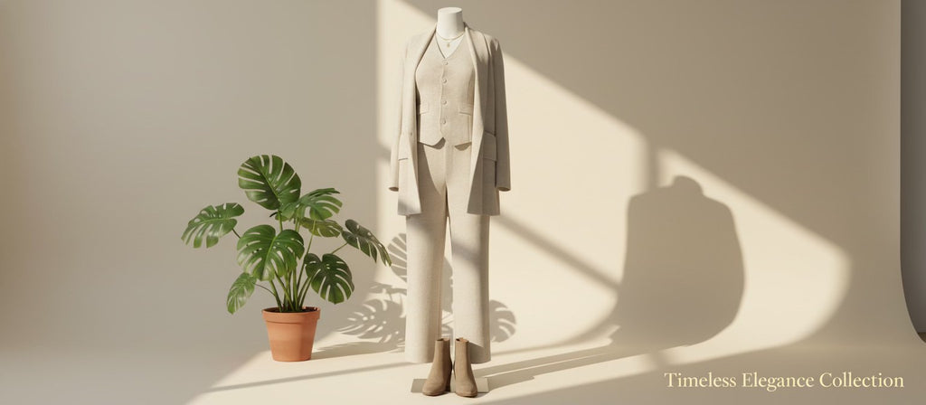 Conjunto 3 Peças Bege – Casaco, Colete e Calças