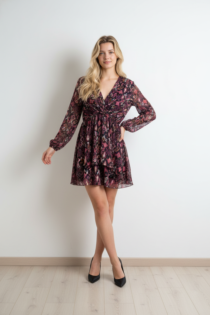 Vestido Curto Boho Estampado – Decote Cruzado & Mangas Fluídas
