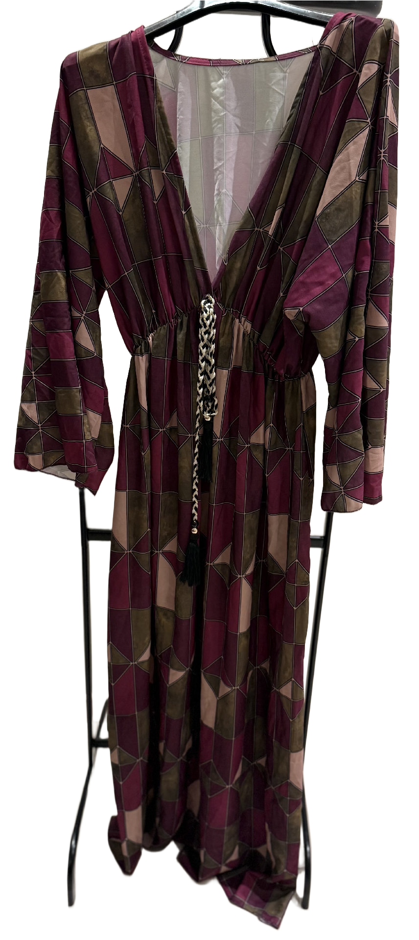 Vestido Longo Boho Estampado – Decote V & Cintura Ajustável