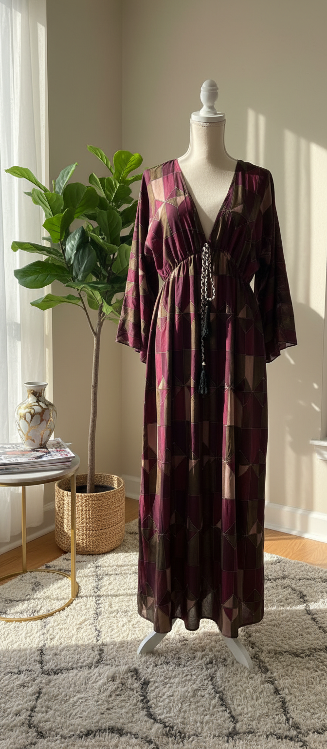 Vestido Longo Boho Estampado – Decote V & Cintura Ajustável