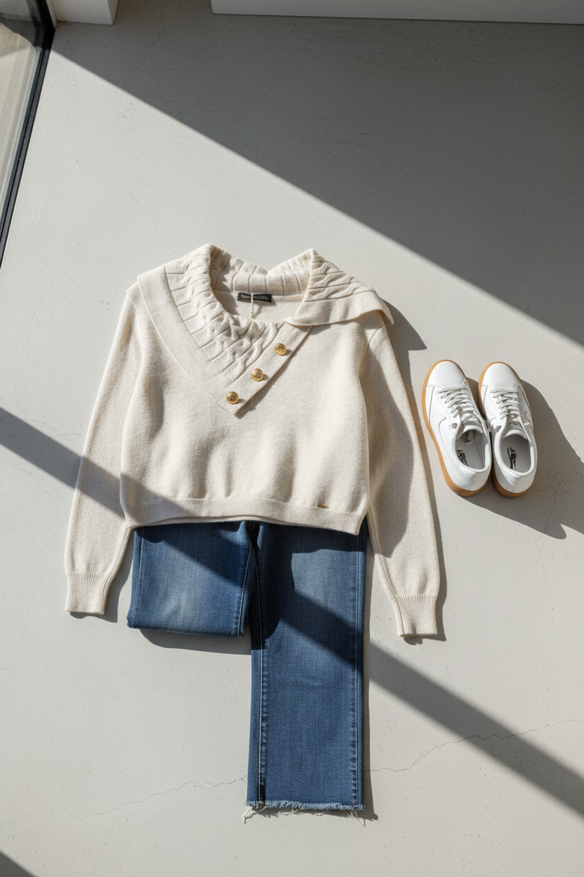 Look Casual Chic-Conjunto Malha Pérola+ Jeans+ Tênis
