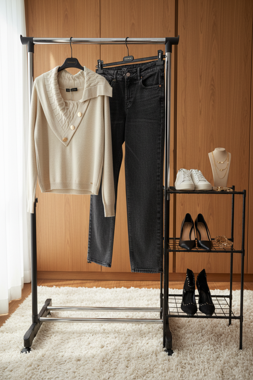 PROMOÇÕES Conjunto Casual Chic – Malha Pérola & Jeans Cinzentos