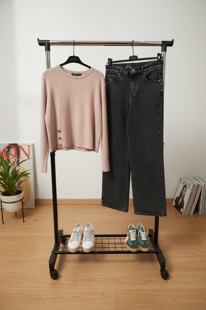 PROMOÇÕES Conjunto Casual Chic – Malha Rosa & Jeans Cinzentos