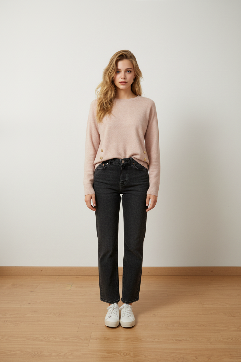 PROMOÇÕES Conjunto Casual Chic – Malha Rosa & Jeans Cinzentos