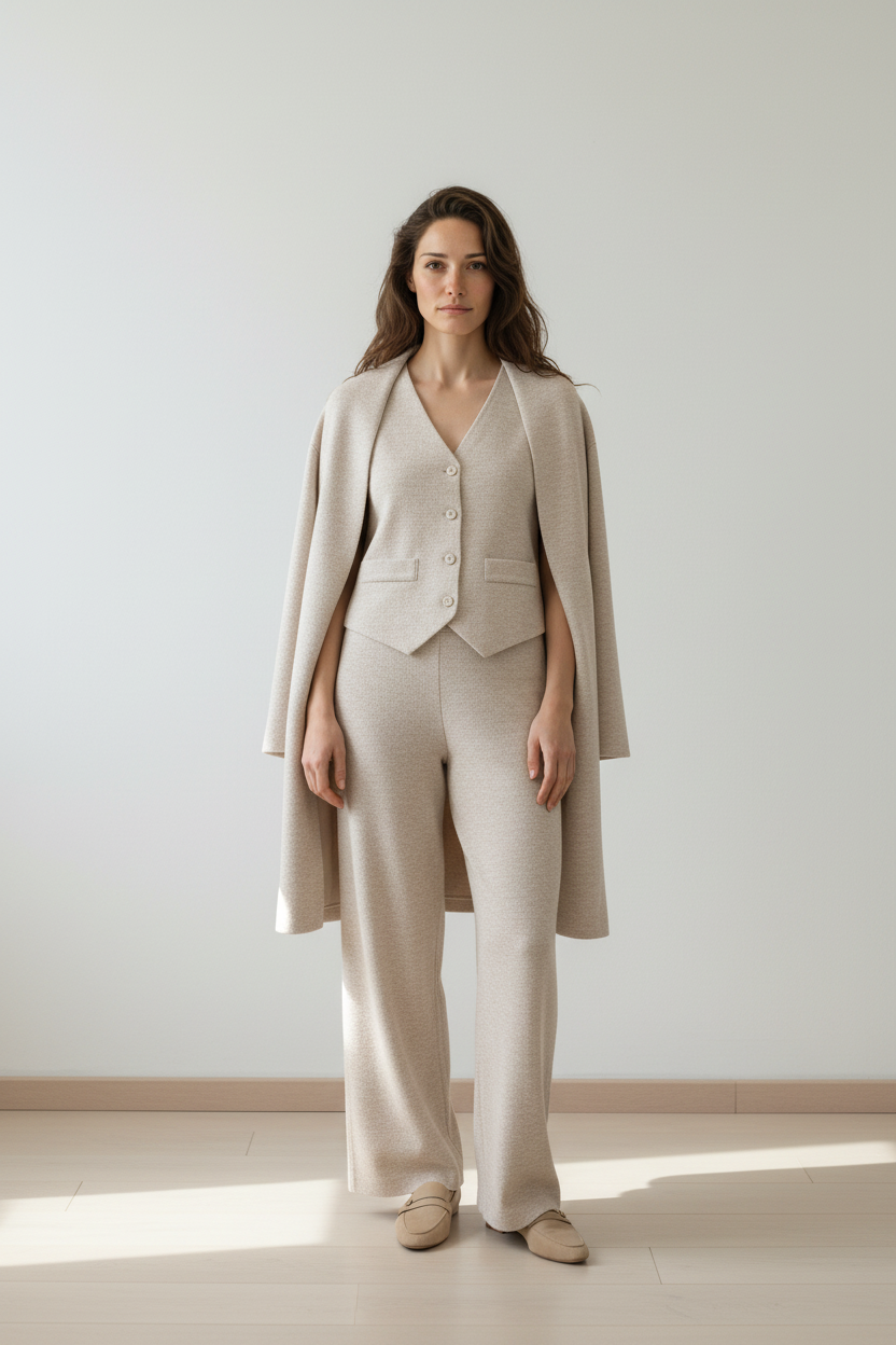 Conjunto 3 Peças Bege – Casaco, Colete e Calças