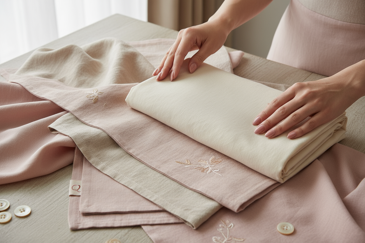 Composição visual em tons bege e rosa claro, com elementos de algodão e tecidos suaves. Pode incluir detalhes de costura, textura ou mãos femininas a organizar peças. A imagem deve transmitir confiança, cuidado, qualidade e elegância discreta — valores centrais da marca Caramel Cotton.