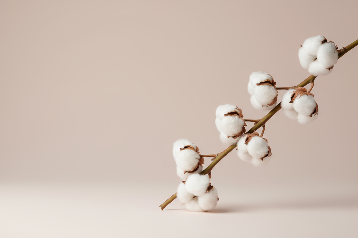 Fotografia delicada em tons pastel mostrando ramos de algodão natural sobre fundo rosa claro ou bege. Iluminação suave, foco em textura e leveza, estética limpa e serena. O cenário transmite suavidade, natureza e elegância moderna, no estilo visual da marca Caramel Cotton.
