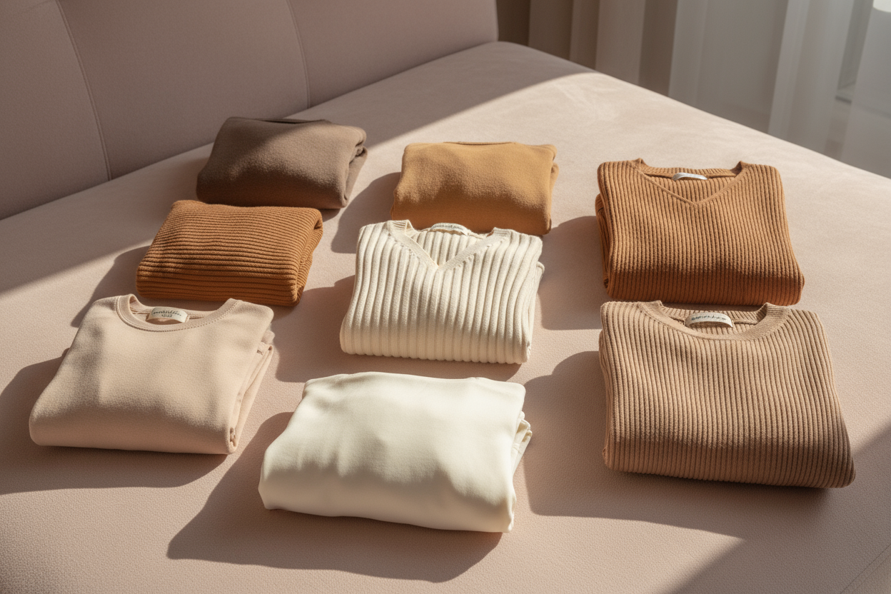 Fotografia em tons pastel suaves, mostrando roupas de mulher dobradas com cuidado sobre uma superfície bege ou rosa claro. Peças em malha e setim, em tons neutros e caramelo, com textura suave e luz natural quente. Estilo minimalista, elegante e acolhedor, refletindo o cuidado e a curadoria da marca Caramel Cotton.
