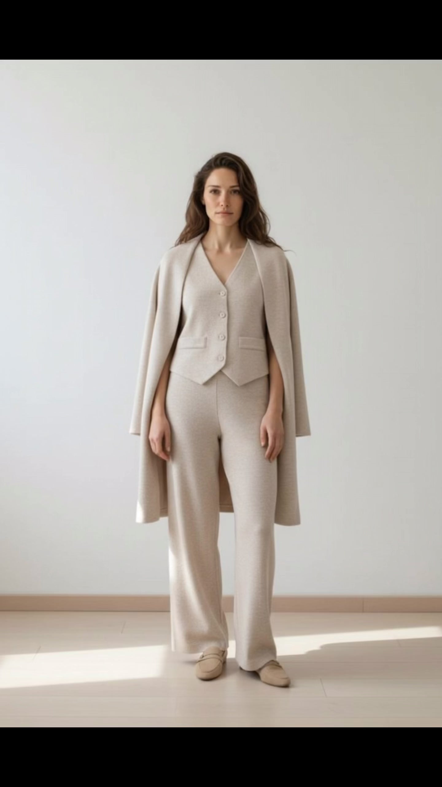 Conjunto 3 Peças Bege – Casaco, Colete e Calças